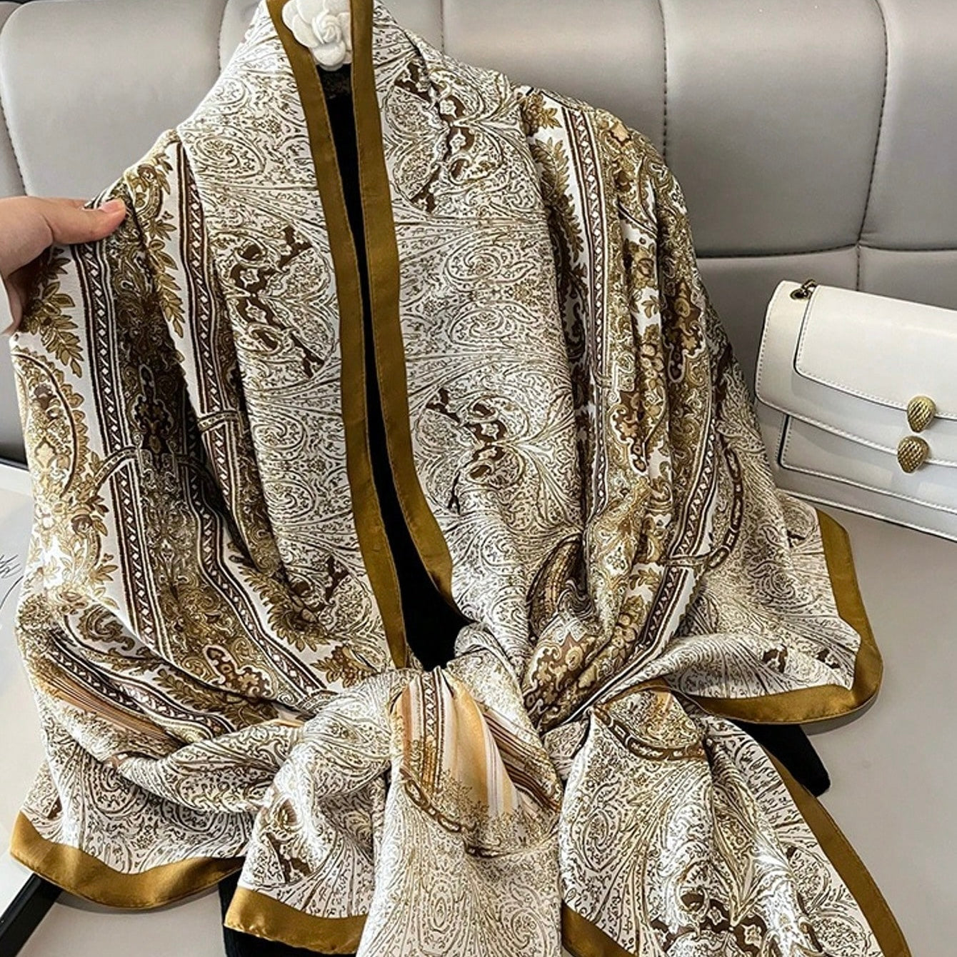 Bohemia Satin Scarf in Gold and White Paisley