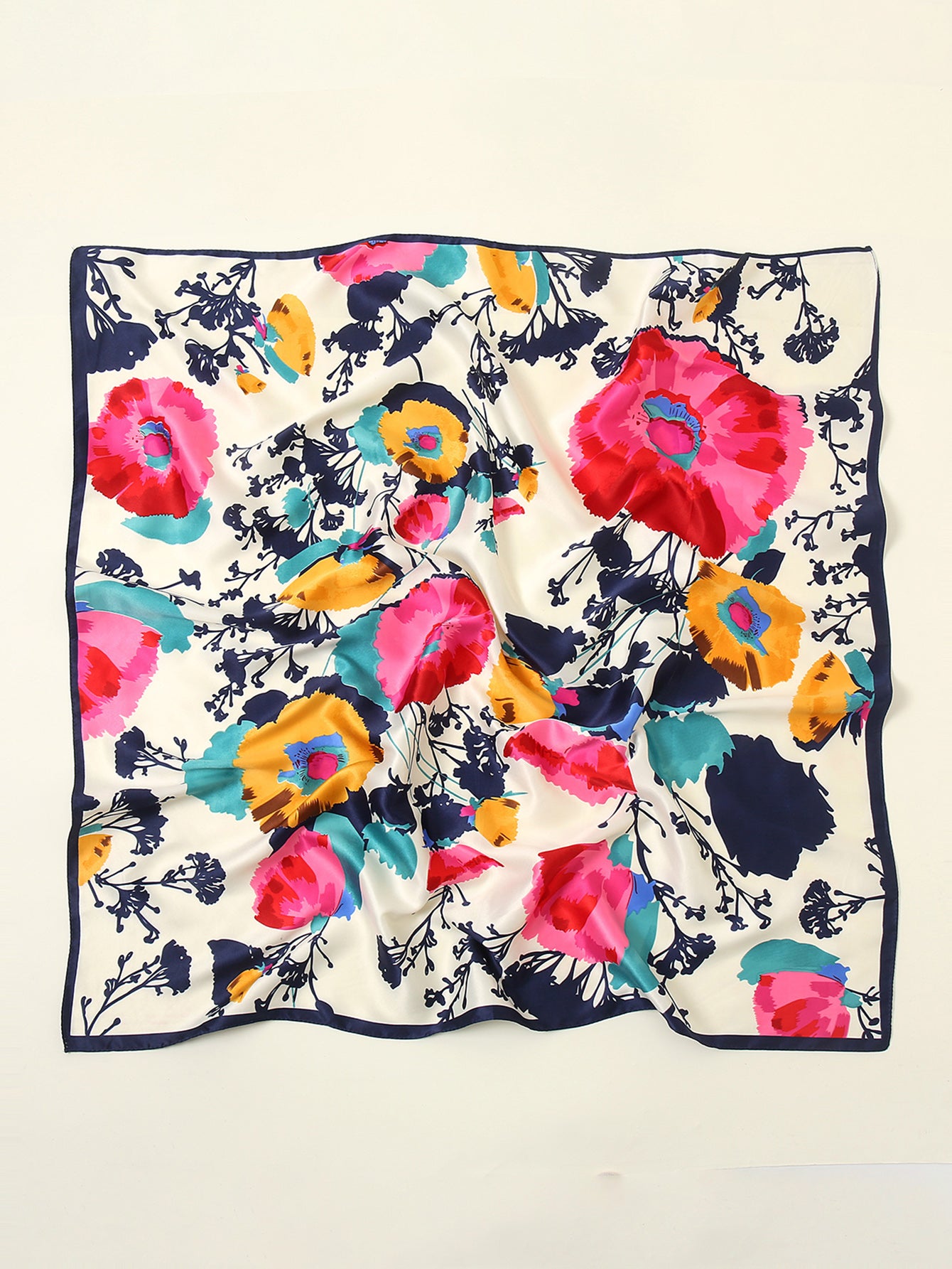 Flora Silk Satin Square in Handpainted Poppy Navy Blue