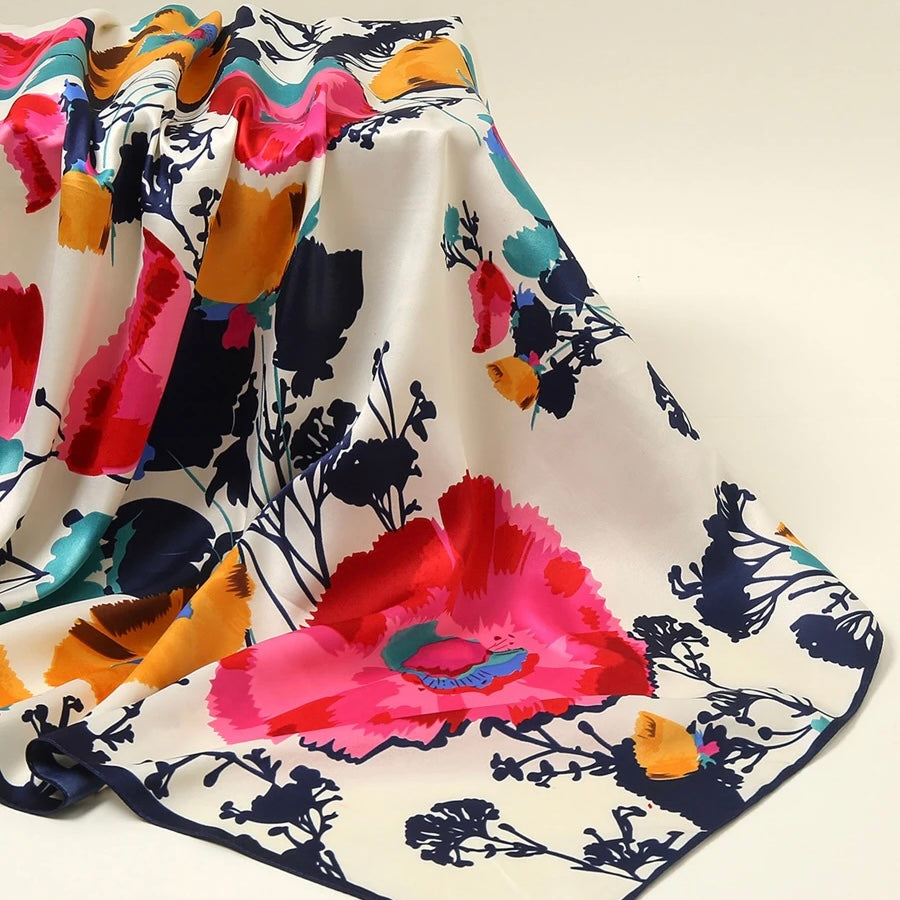 Flora Silk Satin Square in Handpainted Poppy Navy Blue